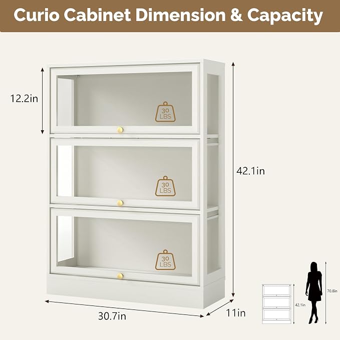 Display Cabinet with Acrylic Glass Doors,3-Tiers Curio Cabinet with LED Lighting for Collectibles, Collectibles Toy Organizers Rack & Display Shelf Display Case Storage Cabinet, White