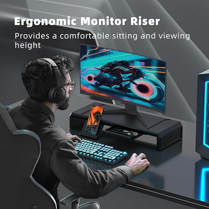 Heymaster Monitor Stand Riser with Drawer, Foldable & Adjustable Length Computer Stand with Phone & Tablet Holder, Space Saving Desk Organizer Shelf for Home Office, Laptop, Desktop