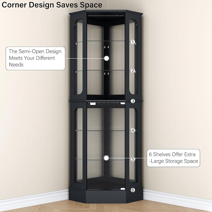 kepptory 72" Tall Corner Display Cabinet with Glass Doors，Black | 6-Tier Glass Display Cabinet, Adjustable Glass Shelves, LED Lights, Curio Display Case for Collectibles