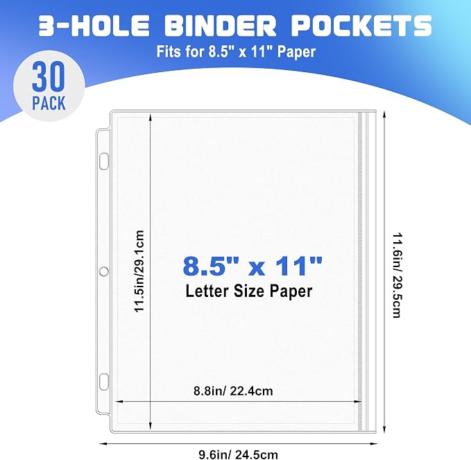30 Pack Letter Size Binder Pockets for 3 Ring Binder, Waterproof Resealable Zip Loose Leaf File Bags Document Organizer Folders Insert Page Sleeves PVC 3-Hole Sheet Protectors for 8.5x11 Paper