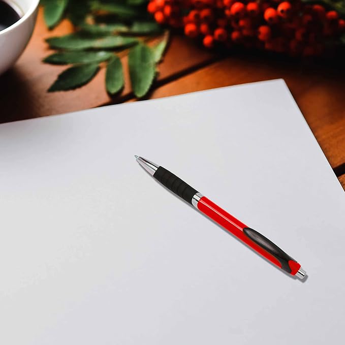 DISCOUNT PROMOS Ballpoint Pens With Rubber Grip - 10 pack - Black Ink Ball Point Pen with Soft Touch Plastic - Red