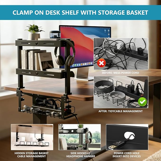 Clamp on Desk Shelf,3 Tier Desktop Organizer,Adjustable Clamp on Desk Top Organizer with Under Desk Hidden Storage Basket&Hooks,No Drilling Desk Clamp Storage Shelves for Working Gaming Accessories