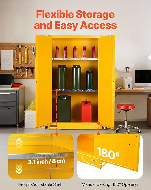 VEVOR Flammable Cabinet 34" x 38" x 65", 65 Gallon Flammable Storage Cabinet with Adjustable Shelf, Cold-Rolled and Galvanized Steel Fire Cabinets, for Commercial Industrial Home Use, Yellow
