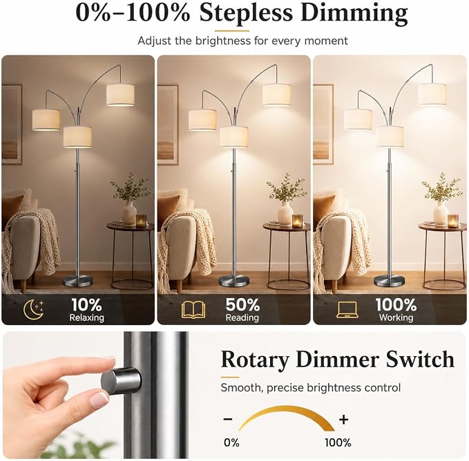 Nintiue Dimmable Floor Lamp - 3 Lights Brushed Nickel Arc Floor Lamps for Living Room,1000LM Modern Tall Standing Lamp with White Shades,Mid Century Tree Floor Lamp for Bedroom,3 LED Bulbs Included