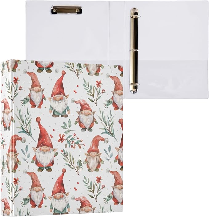 Christmas Gnomes Pattern 3 Ring Binder 1.5" Decorative D-Ring Binder with Clipboard&3 Clear Pockets, Holds 200 Sheets A4 Size Paper Waterproof Binders for School Home Office|2 Pack