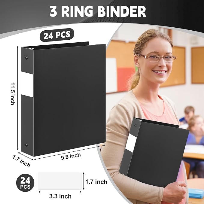 Henoyso 24 Pcs 1.5 Inch 3 Ring Binders, Letter Size,Black | Binders Bulk, Holds 350 Sheets, Round Rings, Durable Flexible PP Plastic Covers, Pockets Labels, School Office Supplies