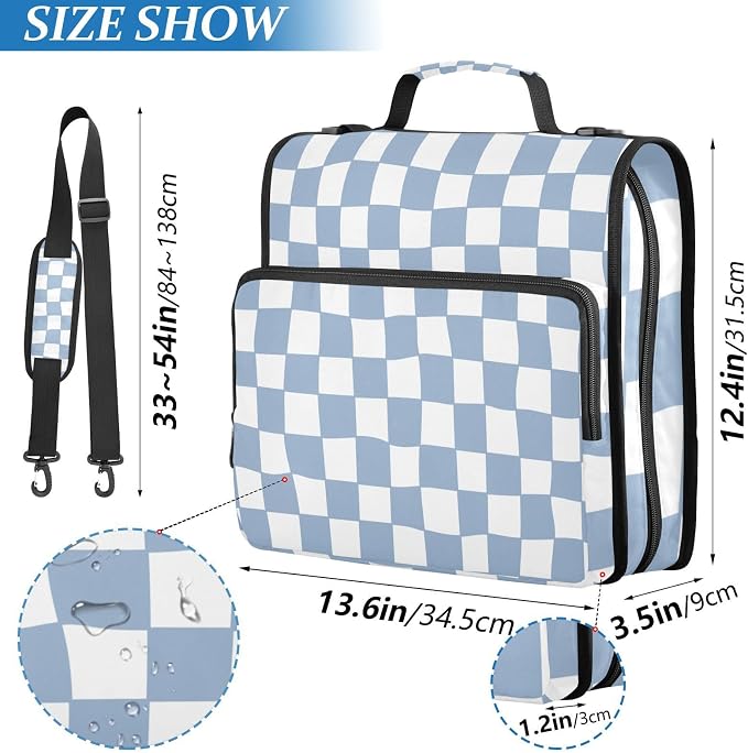 Distorted Blue Check Plaid Zipper Binder with Shoulder Strap Bag 3 Ring Binder Organizer Large Capacity Multiple Compartments for School Office