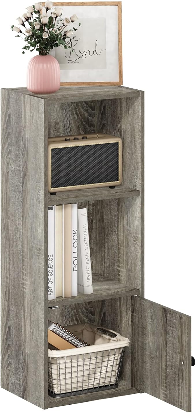 Furinno LUDER Book Shelf, 3-Tier Modern Bookshelf, Bookcase with 1 Door Storage Cabinet, 9.3 x 12 x 31.5, for Organization and Storage, for Living Room, Bedroom, Home Office, French Oak