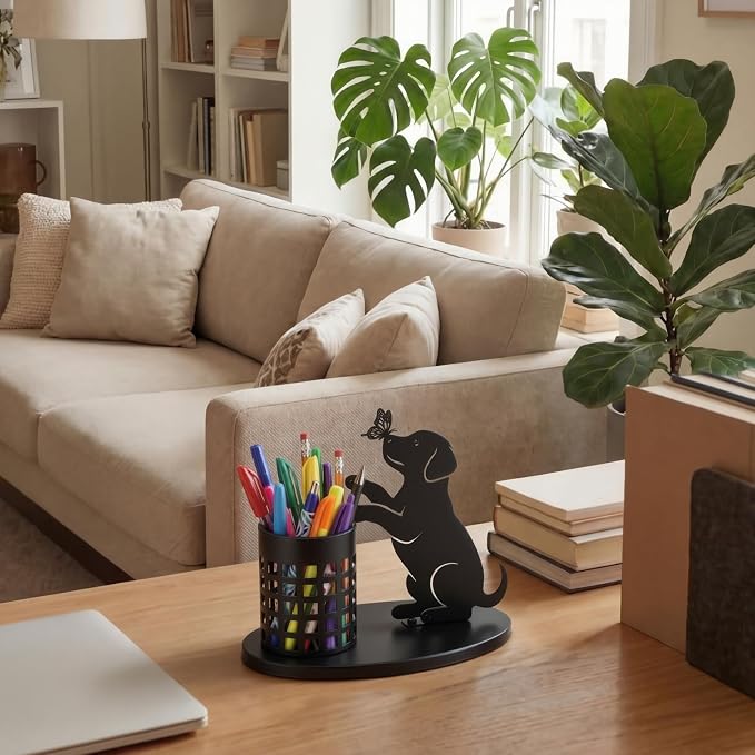 Tandefio Dog Pen Holder for Desk Cute Black Puppy Pencil Holder Metal Desk Accessories Organizer Makeup Brush Pen Cup for Back to School Stationery Office Home Decor Table Centerpiece Lover Gift Women