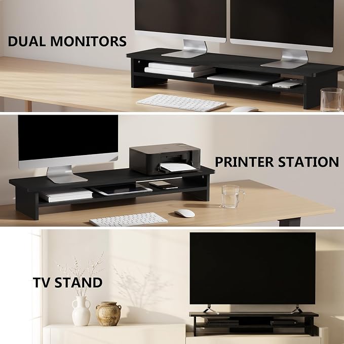 WALI 42 inch Large Wood Dual Monitor Stand Riser with Storage, up to 88lbs | Multi-Purpose Computer Stands, 2 Tier Desktop Organizer Desk Shelf for Home Office PC, Laptop, Printer, TV (WTT001), Black