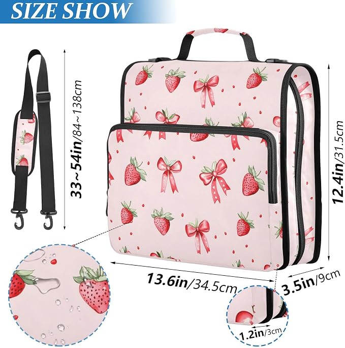 Strawberries Bows Pattern Zipper Binder 3 Ring with Handle and Shoulder Strap, 500 Sheet Binder Organizer Capacity & Multi-Pockets for School Office