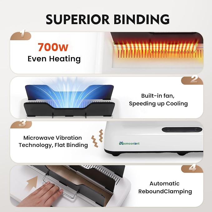 Mxmoonant Thermal Binding Machine PRO 500 Sheets, for A3(Short Edge)/A4/A5 | 1-60mm Thickness, Instant Use, 3 Levels Digital Touch Panel Clear Readout, Air Cooling, Microwave Vibration Align, 110V