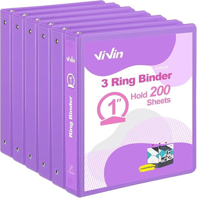 ViVin 1 Inch Round Ring View Binder for Durability, 6-Pack (Purple) | Standard 3 Ring Binder for 200 Sheets of US Letter Size Paper, PVC-Free, Clear View Cover, Office Home School Use