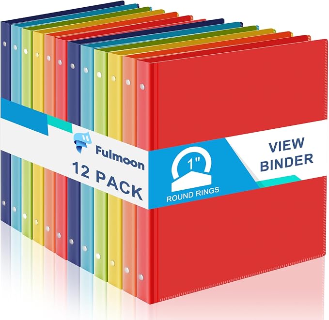 Fulmoon 12 Pcs 1 Inch 3 Ring Binders with 2 Interior Pockets Fits Letter Size Paper 8.5'' x 11'', Clear View 1-inch Three Ring Binders for School Office Business Supplies(Colorful)