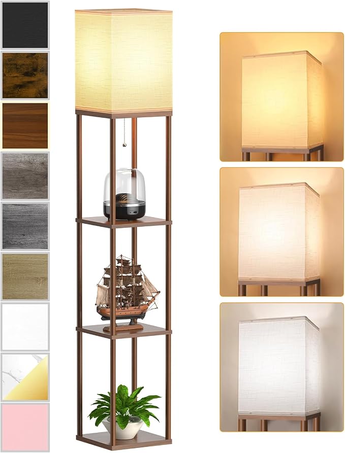 Floor Lamp with Shelves for Living Room Walnut Brown, Shelf Floor Lamp with 3 CCT LED Bulb, Corner Display Standing Column Lamp Etagere Organizer Tower Nightstand with White Linen Shade for Bedroom