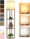Floor Lamp with Shelves for Living Room Walnut Brown, Shelf Floor Lamp with 3 CCT LED Bulb, Corner Display Standing Column Lamp Etagere Organizer Tower Nightstand with White Linen Shade for Bedroom