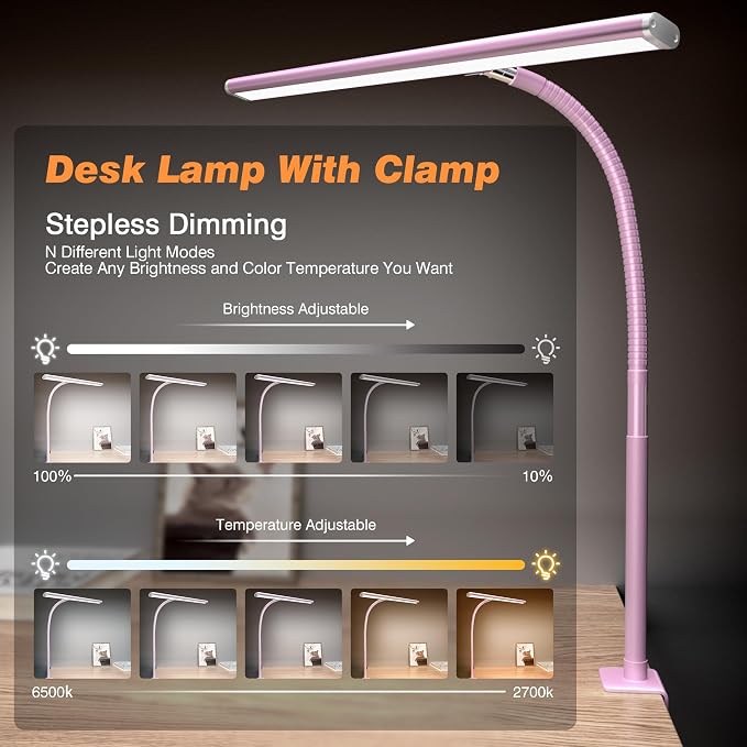 Airlonv LED Desk Lamp with Clamp, 17" Stepless Dimming Light (Pink) | 2700K-6500K, 100 LEDs, 360° Gooseneck, Fits Up to 30" Monitors, Flicker-Free Lighting for Home Office, Study& Workbench