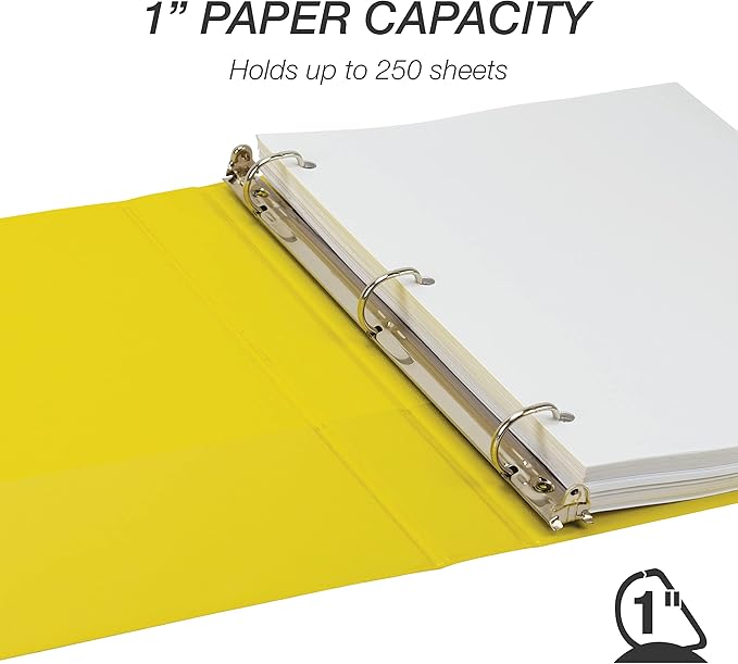 Samsill Durable 1 inch 3 Ring Binder, D Ring Binder, 100% Recycled Chipboard, Yellow, 12 Pack