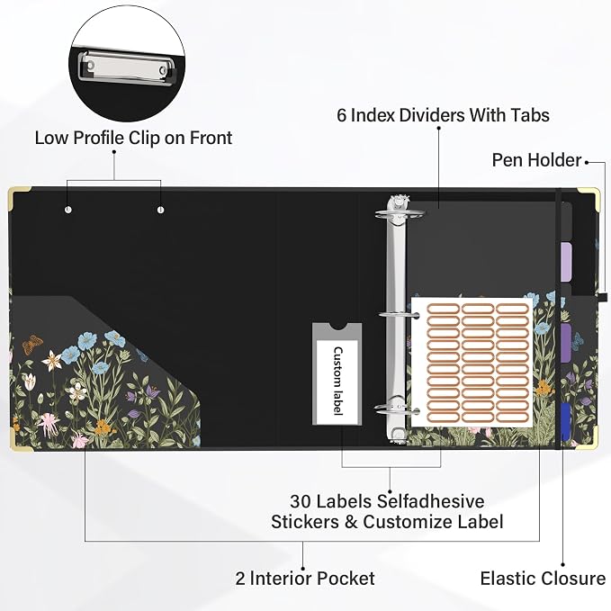 3 Ring Binder 3 Inch Round Ring Binder with 6 Tab Dividers，2 Interior Pockets，Cute Binder Clipboard with Storage, for School Office, Portfolio Organizer with Labels(Wild Flowers)