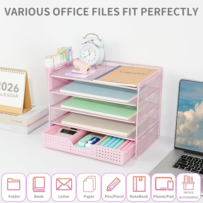 LEKETREE Desk Organizers and Accessories, 5-Tier Paper Letter Tray Organizer with Drawer & 2 Pen Holders, Desktop Organizer for Office Supplies (Pink)