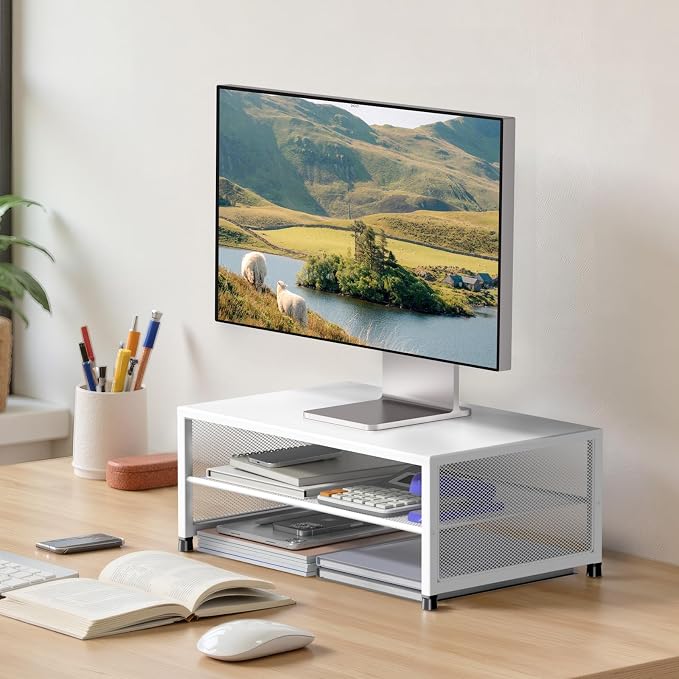 ECOLOVI 2-Tier Computer Monitor Stand Riser, Printer & Laptop Stand, Office Desk Accessories, Workspace Desk Organizer for Home Office Supplies, White
