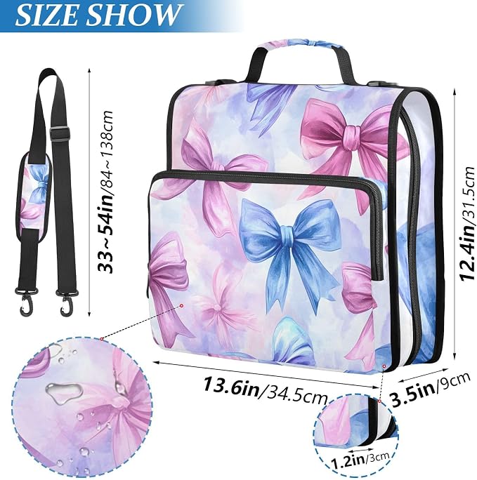 3 Ring Zipper Binder with Shoulder Strap Pink Blue Bow Tie Dye 2 Inch Zippered Binder Bag 500 Sheet Capacity Multi Pockets for School Supplies
