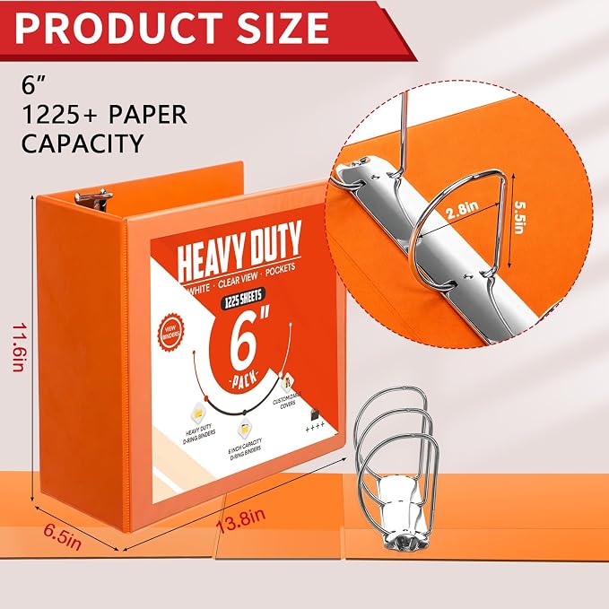 Sinload 6 Pcs 3 Ring Binder, Large Capacity D Ring Binders with Pockets, 8.5" x 11" Presentation Folder View Binder with Customizable Clear Cover for Documents Files Projects (Multicolored,6 Inch)