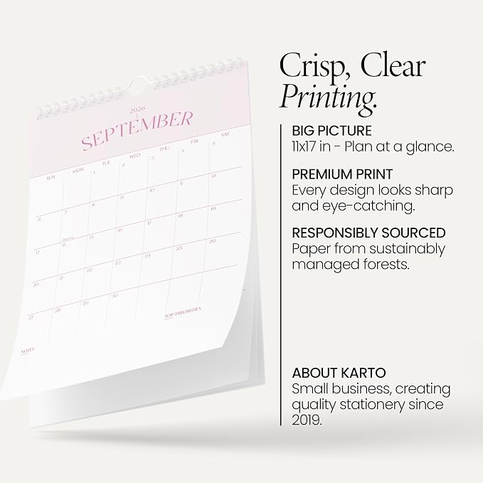 Karto Wall Calendar 2026-2027 11x17 in - Pink on Pink