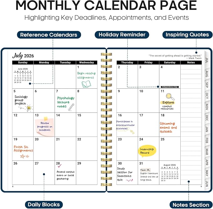 Taja Planner 2026-2027, 6.3" x 8.5" Calendar Planner, Jul 2026-Jun 2027 | A5 Hardcover Weekly & Monthly Academic Year Planner, Large Planning Agenda With Tabs, School & Office Supplies, Navy Blue
