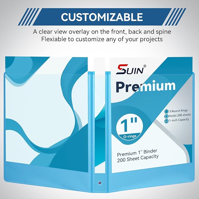 SUIN 1-inch 3 Ring Binder with 2 Interior Pockets, 1''Durable Binders Holds US Letter Size 8.5'' x 11'' Paper - Versatile Binders for Office, Home, and School Use, 6 Pack, Assorted Rainbow Colors