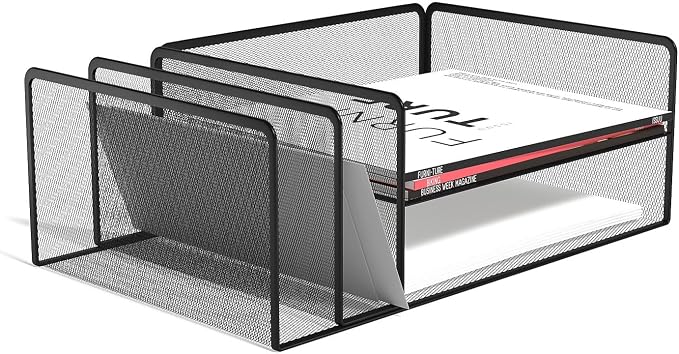 TRU RED Wire Mesh Horizontal File Organizer, 4‑Compartment, Matte Black, 2‑Pack – Desktop File Sorter for Papers & Documents