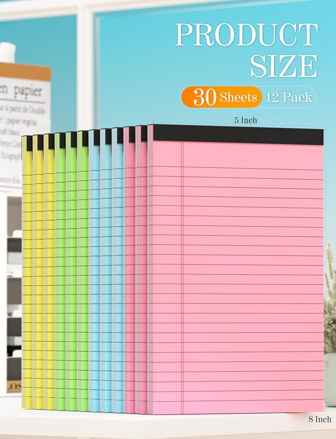 12 Pack Small Note Pads 5x8, Small Colored Legal Pads 5x8 College Ruled