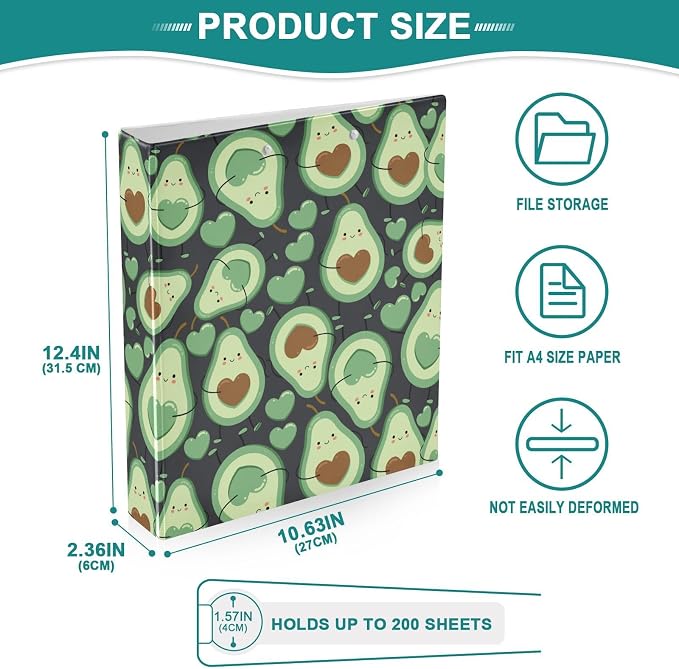 Happy Green Avocado Binder 3 Ring 1.5 Inch Binder with Clipboard&Pockets, Hardcover Binders Heavy Duty Large File Folder for Office School Supplies - Holds 200 Sheets,2 PC