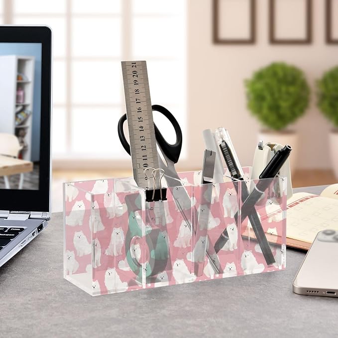 Cute Samoyed Dog 4 Compartment Acrylic Pencil Holder, Printed Pencil Holder Makeup Brush Holder Acrylic Desktop Accessories for Pencil Cutlery Toiletries Storage
