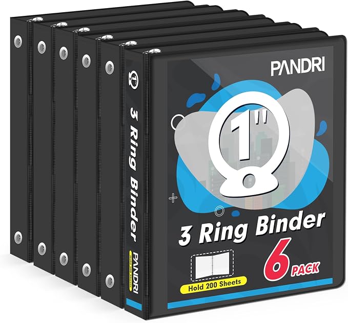 3 Ring Binder 1 Inch, PANDRI 6 Pack 1-Inch Binder Fits Letter Size 8.5'' x 11'' Paper, Versatile Binders for Office Home School, 2 Pockets, Black