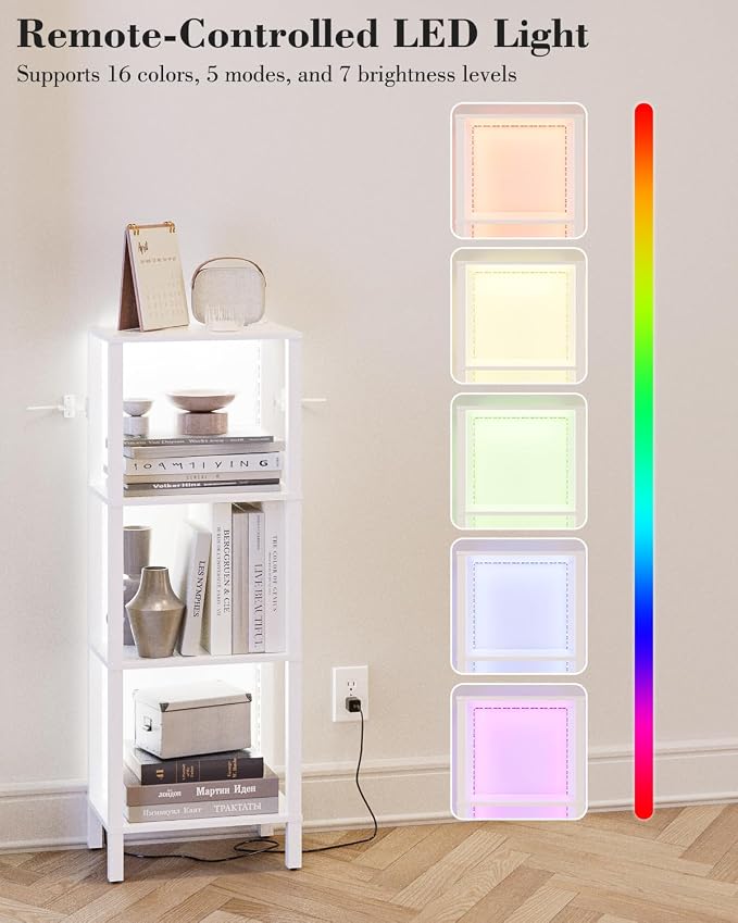Open Book Shelf with LED Lights, 4 Tier Small Bookshelf, Narrow Freestanding Shelf Bookcase with Open Shelves, 14.96" x 10.63" x 41.26", Book Shelves for Living Room, Office, Study, White