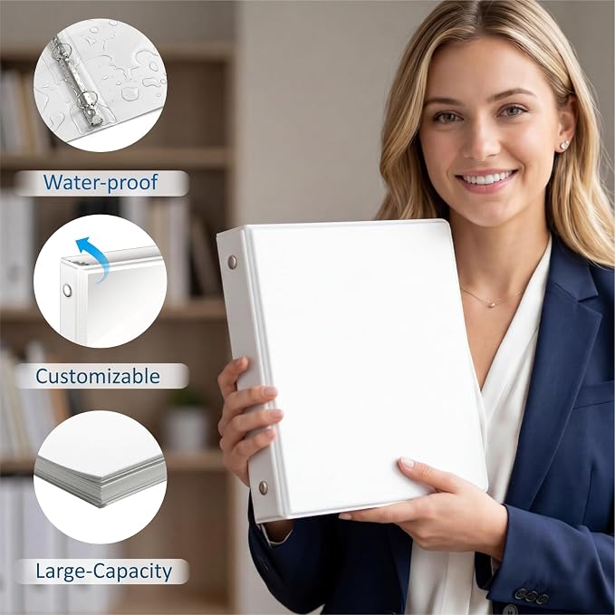 3 Ring Binders, 1" Round Rings 12 Pack, Fits 8.5x11in, View 2 Pocket, White | for 8.5x11 Inch Paper, for Customizable Covers, Three Ring, for School Office Business Supplies, White, 1 Inch