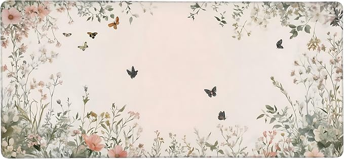 Cute Floral Aesthetic Wildflower Gaming Mouse Pad, Pink Macaron Desk Mat with Anti-Slip Base & Stitched Edges, Office & Home Desk Decor for Women, 35.4" x 15.7" in Computer Desktop Mat