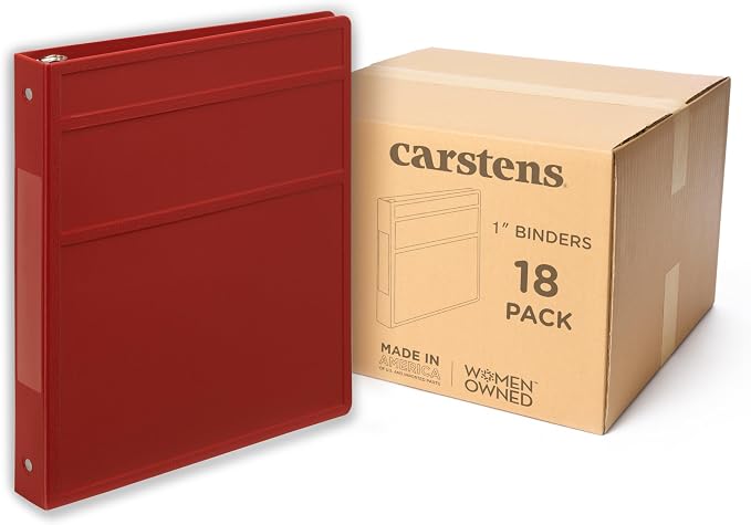 Carstens 1-Inch Heavy Duty 3-Ring Binder - Side Opening,Brick Red, Durable Plastic, No-Gap Rings, Waterproof Cover, No Pockets, Holds 125 US Letter Sheets, BPA-Free, Made in USA (8718-3R), Case of 18