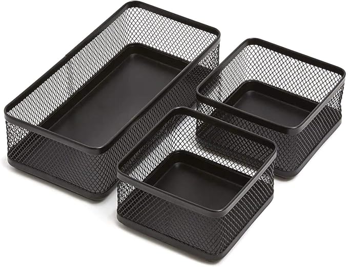 1InTheOffice Desk Baskets and Organizers Tray, Black Mesh Tray, Black Wire Mesh, 3-Compartment Stackable