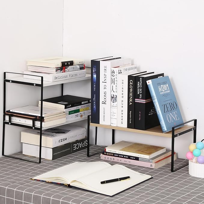 YGYQZ Desk Shelf Organizer, 1-Tier Desktop Bookshelf, Black & Wood | Cute Minimalist Style, Modular Desktop Storage, Space-Saving Organization, Ideal for Office & Dorm