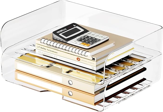 Tomorotec 2 Pack Clear Stackable Letter Tray, A4 Desk File Organizer Set | Durable PET Anti-Skid Base for Home, School or Office Document Paper Storage, Side Load Access, 2-Pack