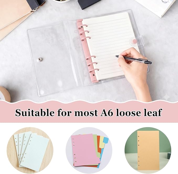 A5 Binder 6 Ring, Clear PVC Notebook Cover, Refillable Planner | Loose Leaf Budget Binder with Snap Button Closure, Round Ring Binder for School Office Home, 2 Pack, Blue and Pink