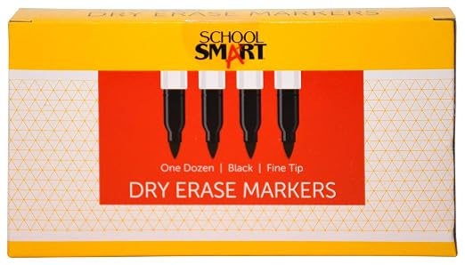 School Smart Dry Erase Pen Style Marker, Fine Tip, Black, Pack of 12 - BY1076-12BLACK