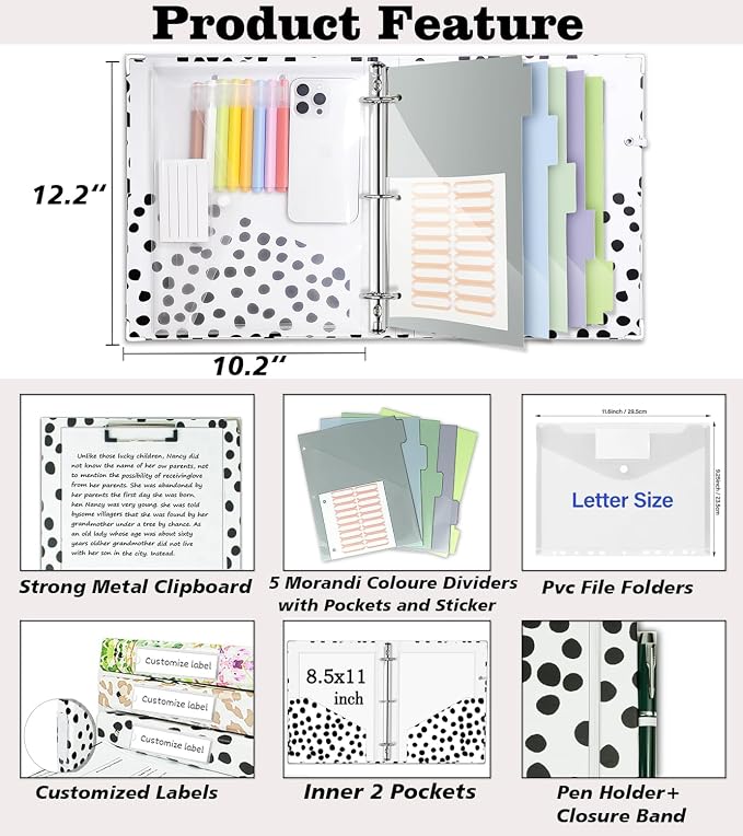 3 Ring Binder Organizer, 1 Inch Three Ring Binders with Clipboard, 5-Tabs Pockets Dividers, Transparent Plastic Folder, Pen Loop, 18 Divider Stikers, BVSSX Decorative Binder, Polka Dot, Letter Size