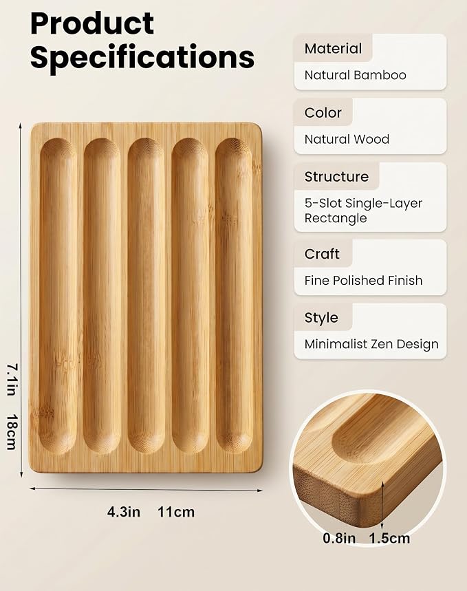 Natural Bamboo 5-Slot Fountain Pen Storage Tray, Anti-Roll Wooden Pen Organizer, Minimalist Zen Desk Pen Holder for Pen Collectors, Office & Study Desktop Stationery Display Tray