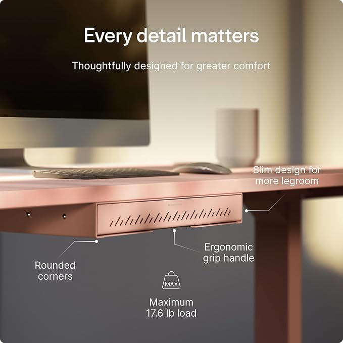 Desktronic Under Desk Drawer — Hidden Under-Desk Storage Organizer, Easy Install, Large Capacity Metal Sliding Drawer for Home Office, Standing Desk & Workstation (Pink)