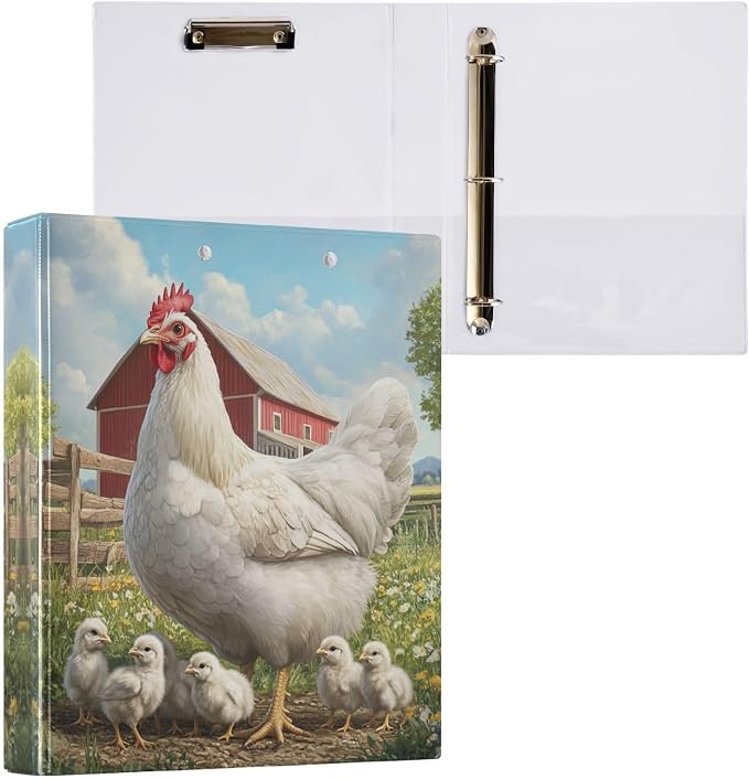 White Hen with Chicken Binder 1.5 Inch Binder with Clipboard&Pockets, Barn Farm Animal Hardcover Binders 3 Ring, Heavy Duty Large File Folder for Office School Supplies-Holds 200 Sheets, 2 PC