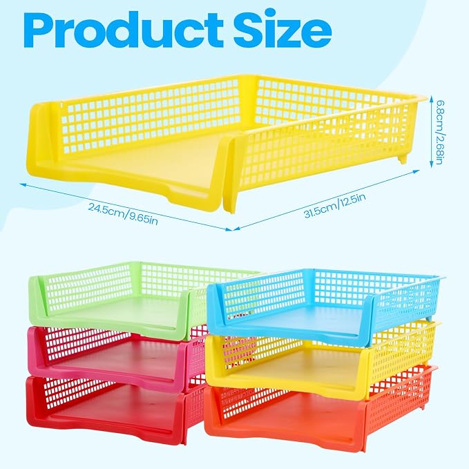 Weysat 12 Pcs Turn in Trays Classroom, Stackable Paper Tray for Classroom Organization Plastic Desk File Organizer Bin Basket for Library Drawer Teacher Office Document Storage (Rainbow,Narrow)