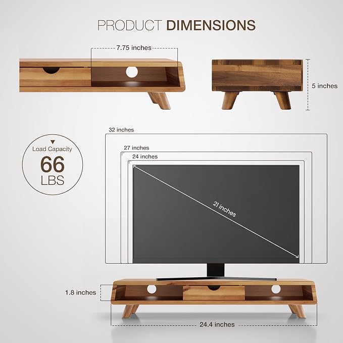 Tinamo Acacia Monitor Stand with Drawer, Multi-Purpose Storage (Patented) | Acacia Wood, Fits Monitors up to 32", Built-in Drawer, Hidden Storage, Non-slip, Round Edge, Ergonomic Height, Easy Assembly